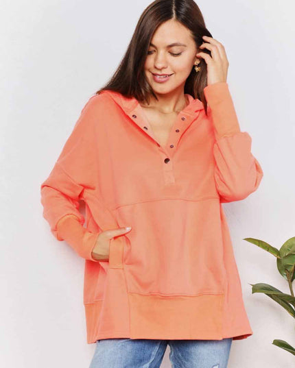 Double Take Quarter-Snap Dropped Shoulder Hoodie Tangerine