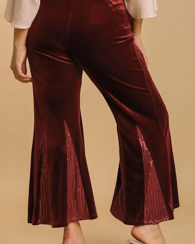 Umgee Full Size Sequin Elastic Waist Velvet Stretch Flare Leg Pants Plus Size