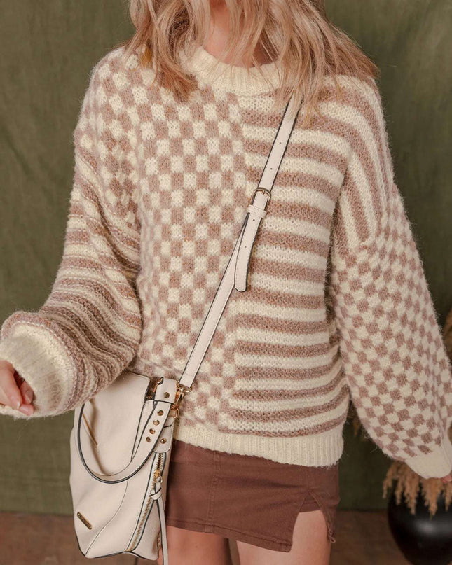 Stripe Checkerboard Drop Shoulder Balloon Sleeve Sweater Tan