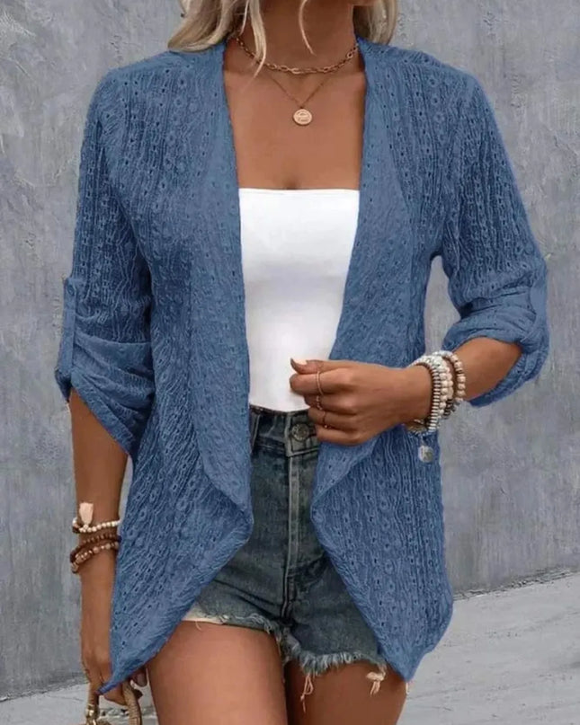 Eyelet Roll-Tab Sleeve Cardigan Dusty Blue