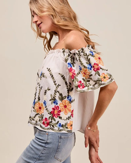 SO ME Floral Embroidered Two Way Off The Shoulder Blouse