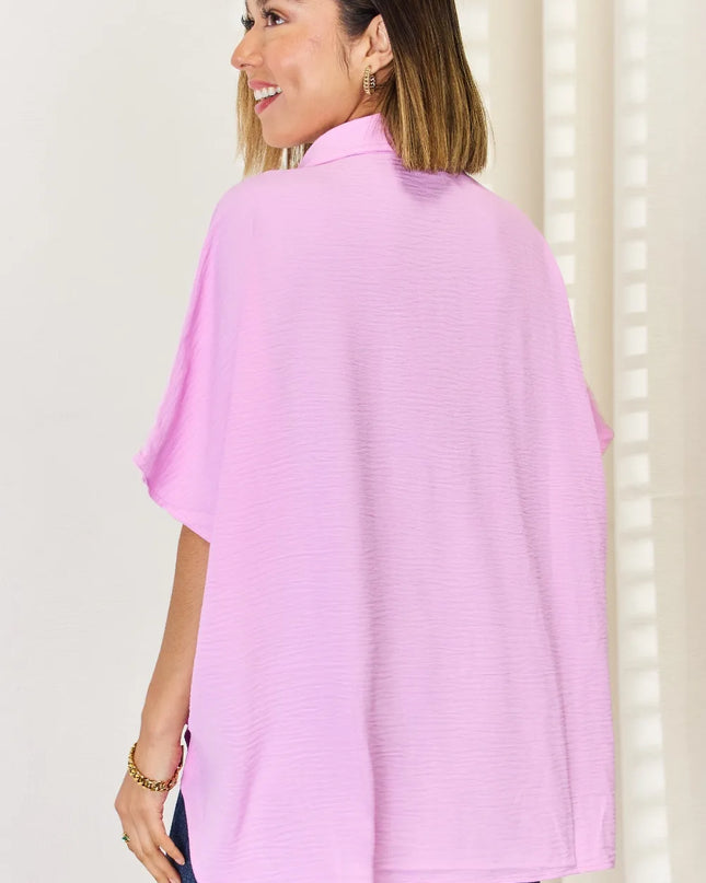 Zenana Texture Button Up Short Sleeve High-Low Shirt