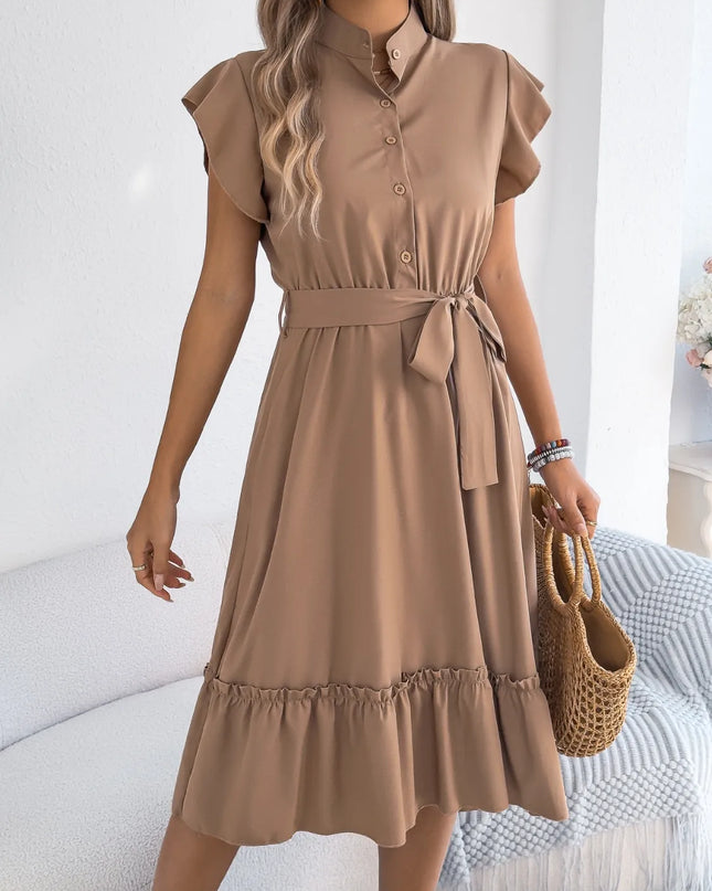 Tie Waist Ruffled Cap Sleeve Dress