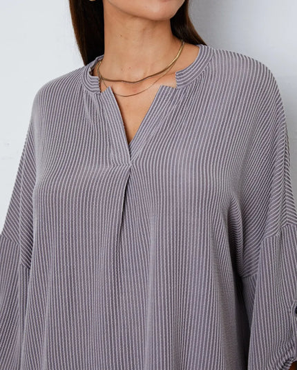Notched Roll-Tab Sleeve Blouse