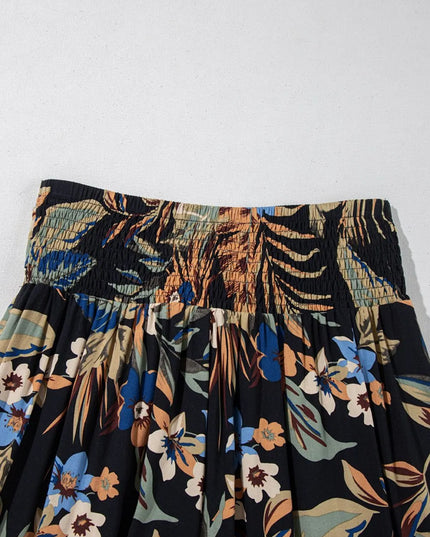 Floral Shirred High Waist Wide Leg Pants with Tie