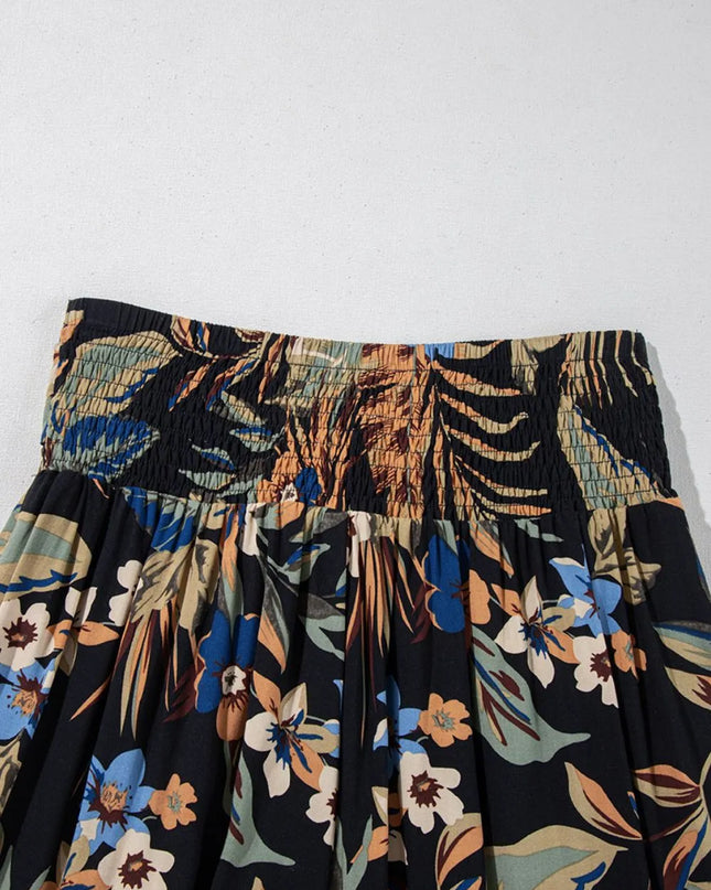 Floral Shirred High Waist Wide Leg Pants with Tie