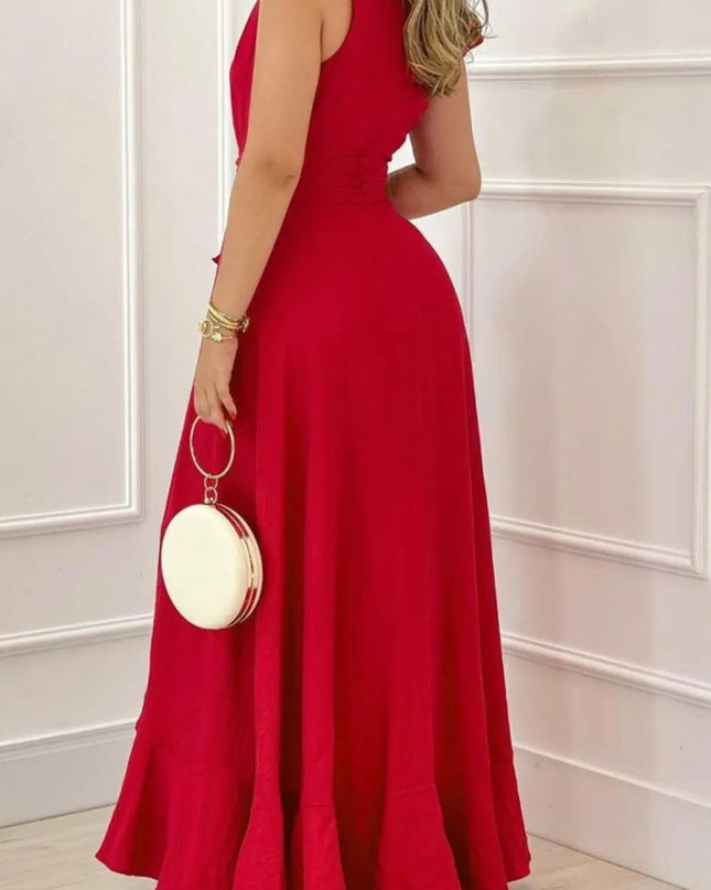 Ruffled Plunge Sleeveless Maxi Dress 