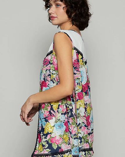 POL Lace Detail Floral Print Sleeveless Blouse