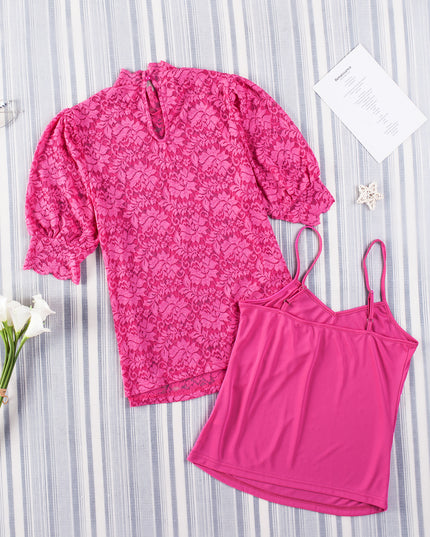 Lace Scalloped Short Puff Sleeve Top