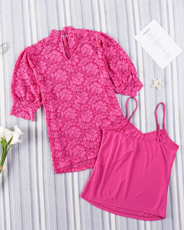 Lace Scalloped Short Puff Sleeve Top