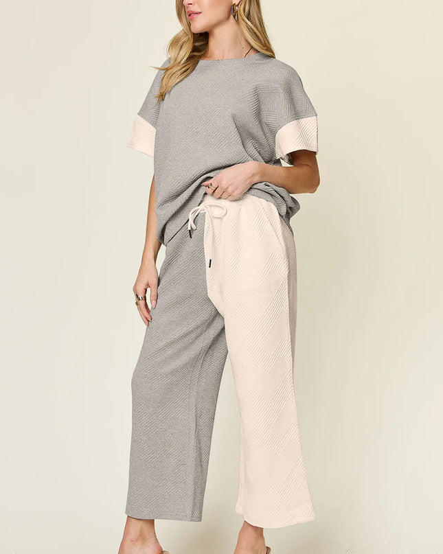 Double Take Full Size Texture Contrast T-Shirt and Wide Leg Pants Set