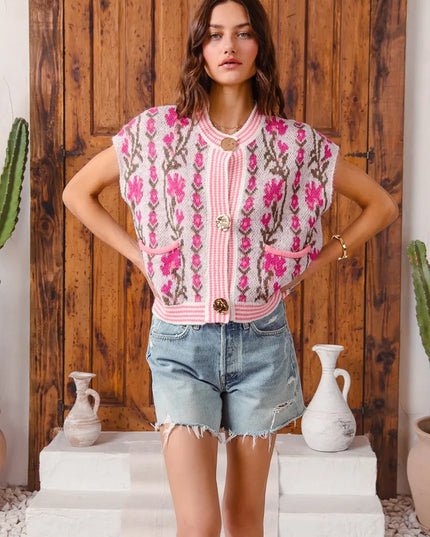 SO ME Button Front Floral and Stripe Knitted Sweater Vest