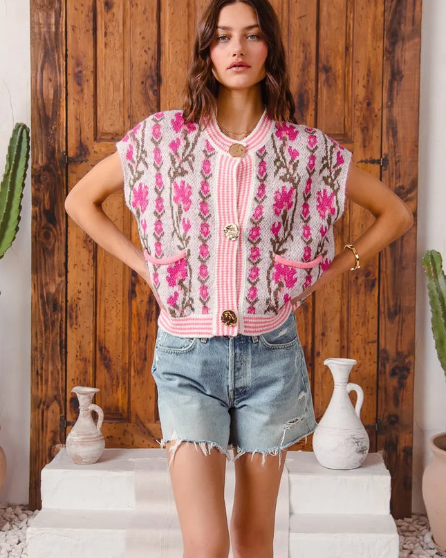 SO ME Button Front Floral and Stripe Knitted Sweater Vest