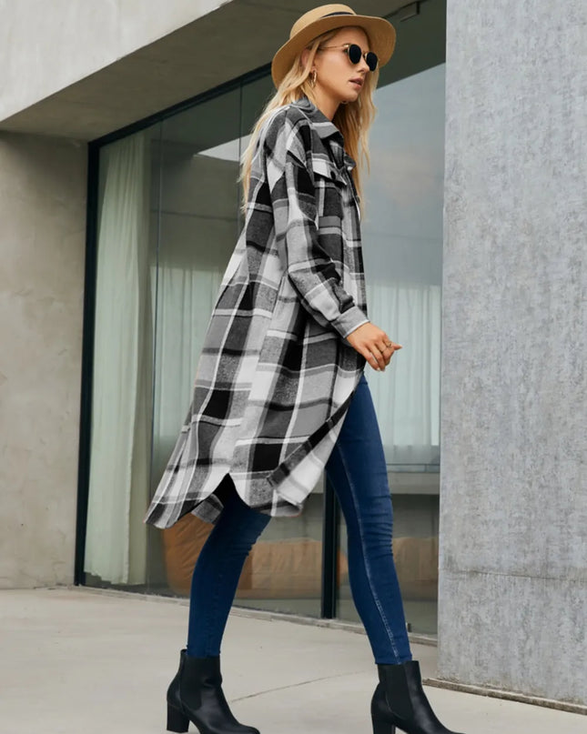 Plaid Pocketed Button Up Trench Coat 