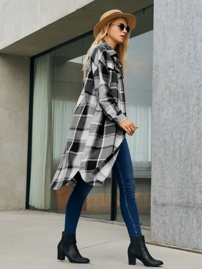 Plaid Pocketed Button Up Trench Coat 