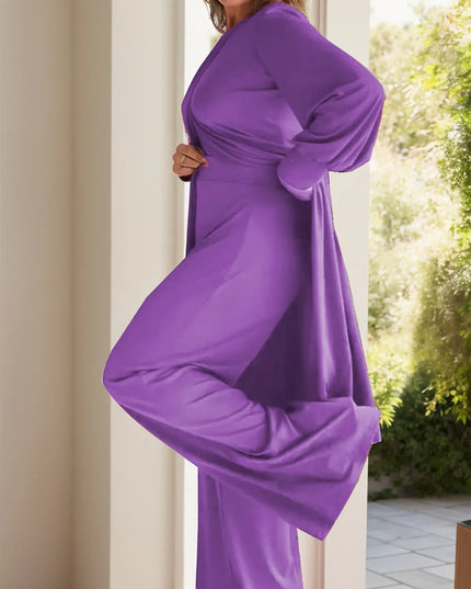 Full Size Slit Round Neck Long Sleeve Top and Pants Set Purple