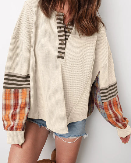Waffle Stripe Plaid Patchwork Henley Knit Top Beige