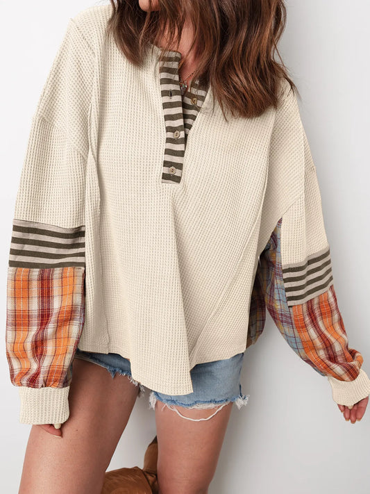 Waffle Stripe Plaid Patchwork Henley Knit Top Beige