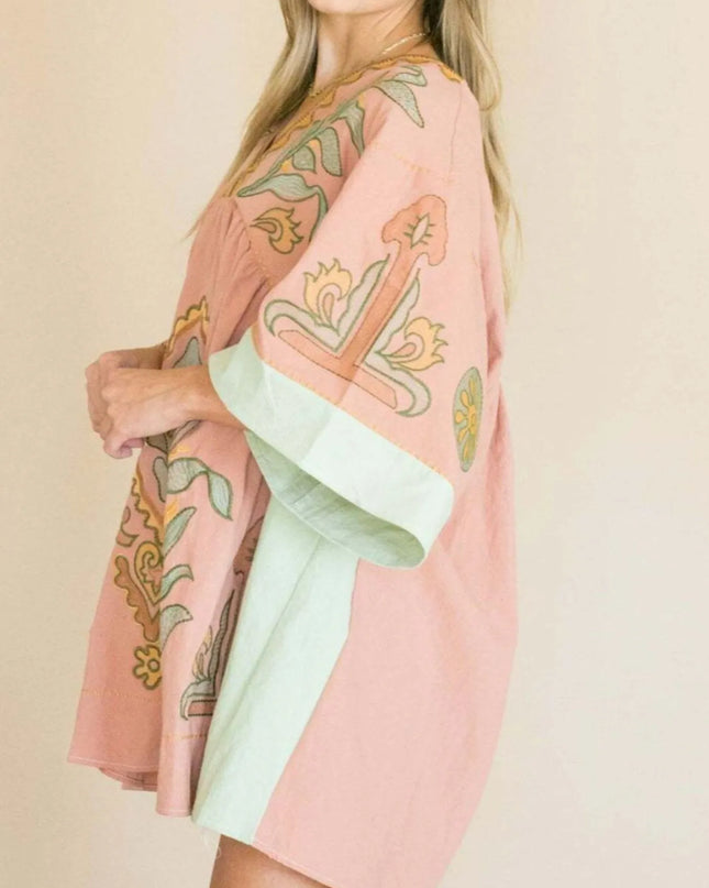 Printed V-Neck Kimono Sleeve Mini Dress