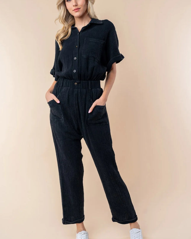 White Birch Texture Short Sleeve Jumpsuit Black