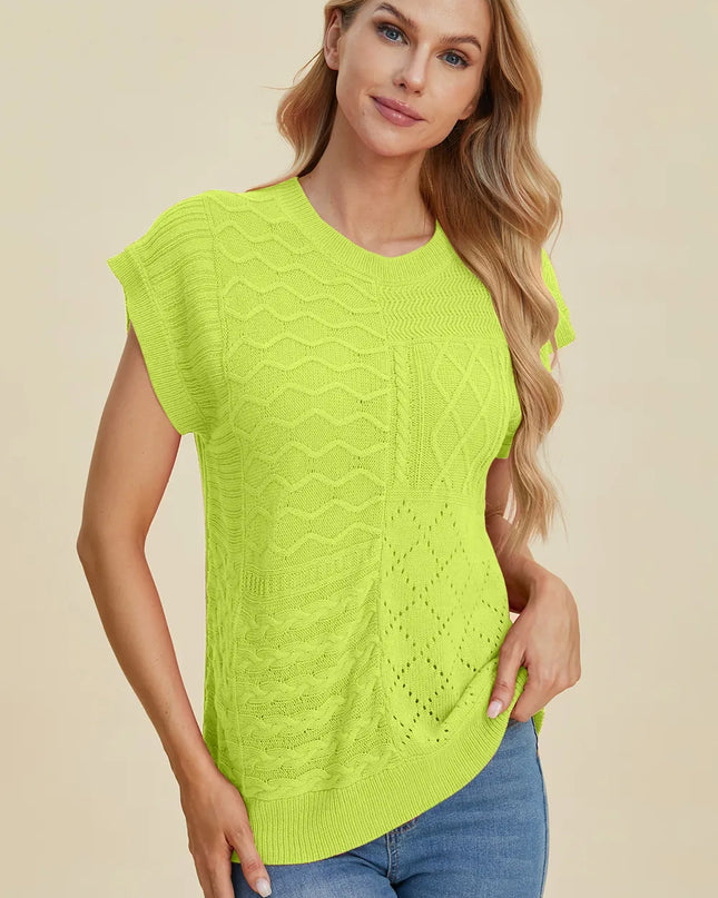 Double Take Full Size Cable-Knit Round Neck Cap Sleeve Sweater