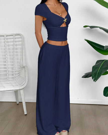 Cutout Short Sleeve Top and Pants Set