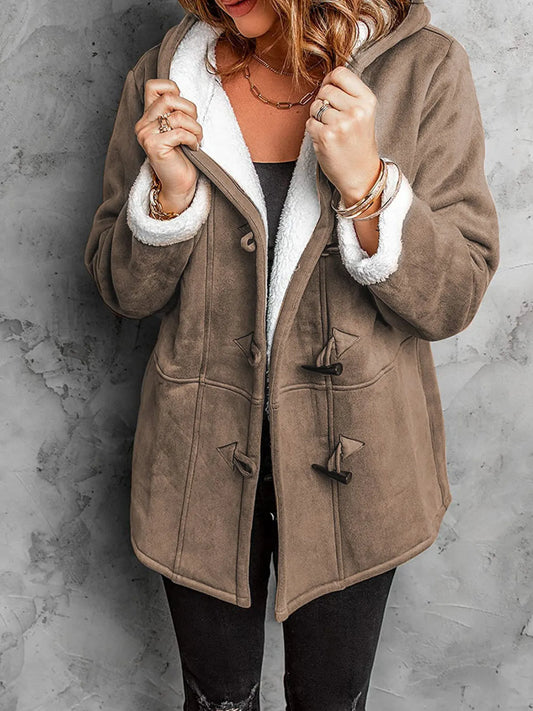 Full Size Cozy Sherpa Lined Toggle Coat with Hood Plus Size Brown