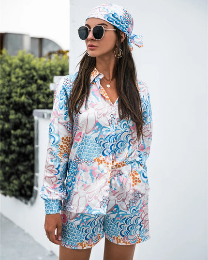 Printed Button Up Long Sleeve Shirt and Shorts Set