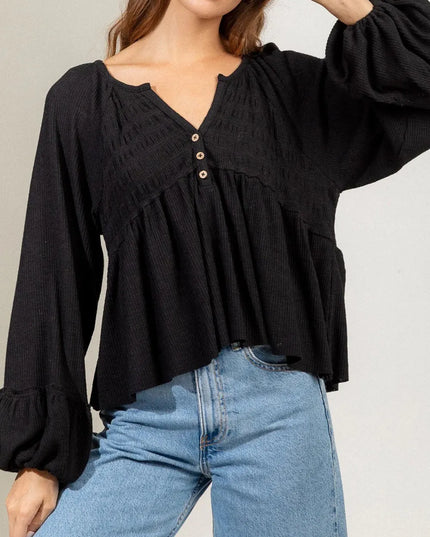 Notched Balloon Sleeve Peplum Blouse
