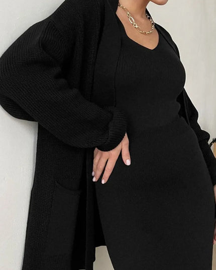 Pocketed Long Sleeve Cardigan and Skirt Sweater Set Black One Size