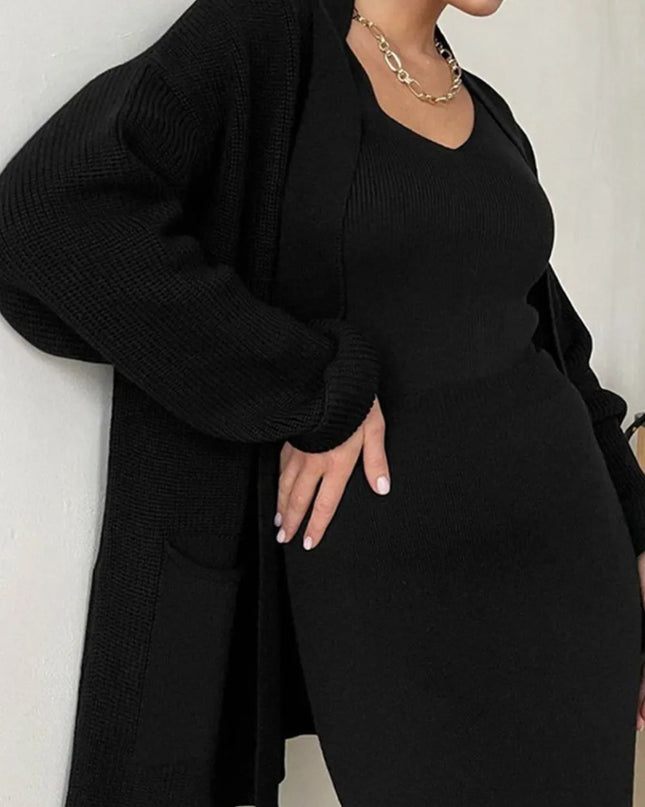 Pocketed Long Sleeve Cardigan and Skirt Sweater Set Black One Size