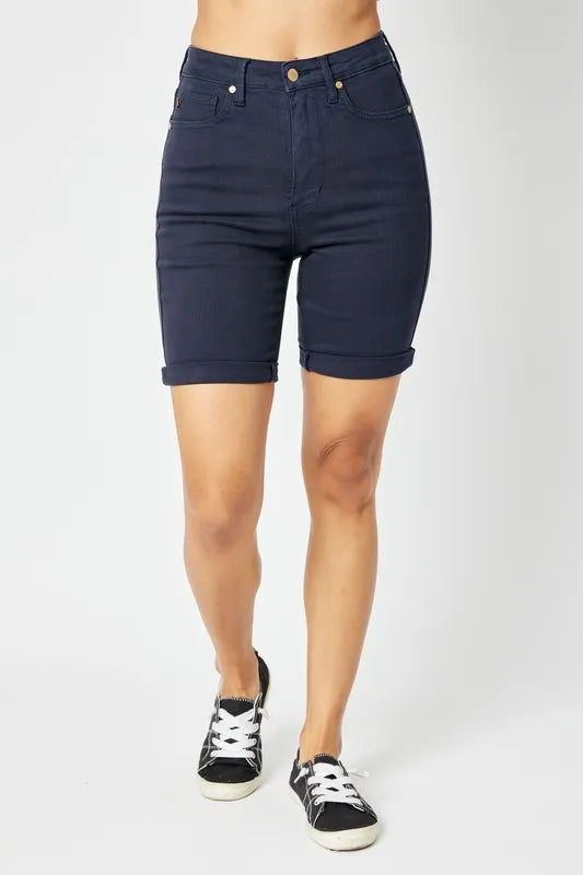 Judy Blue Full Size High Waist Tummy Control Bermuda Shorts Dark Blue