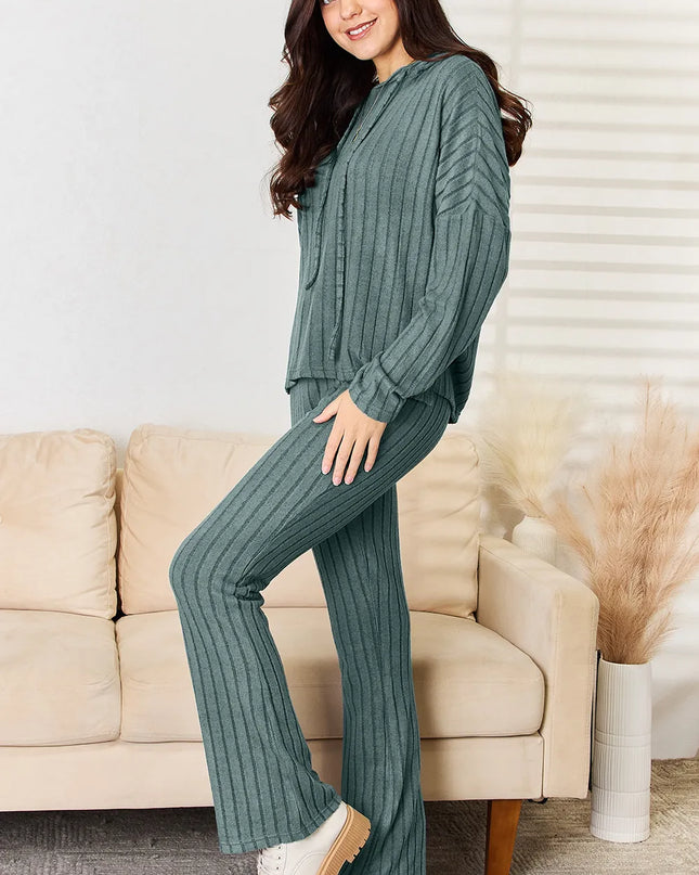 Basic Bae Full Size Ribbed Drawstring Hooded Top and Straight Pants Set