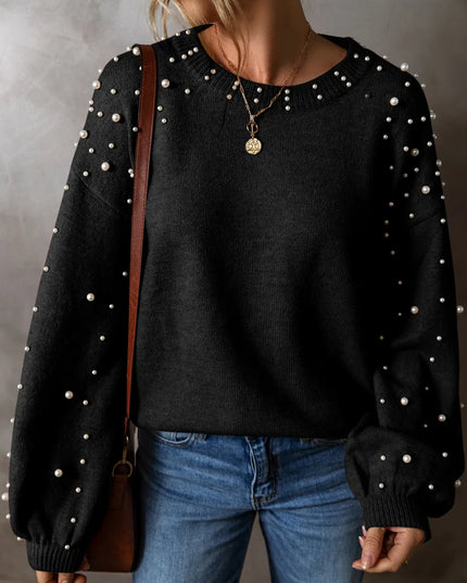 Pearl Detail Round Neck Long Sleeve Sweater