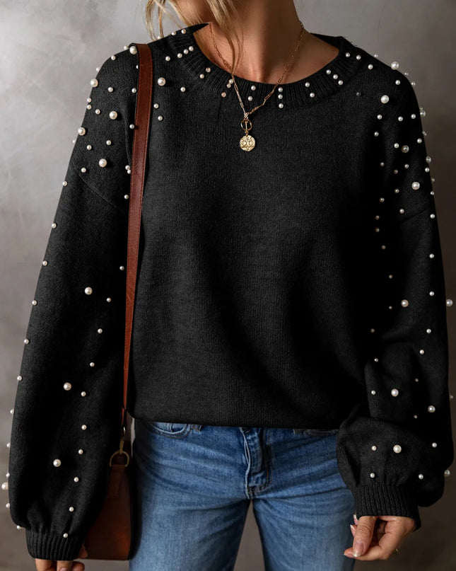 Pearl Detail Round Neck Long Sleeve Sweater