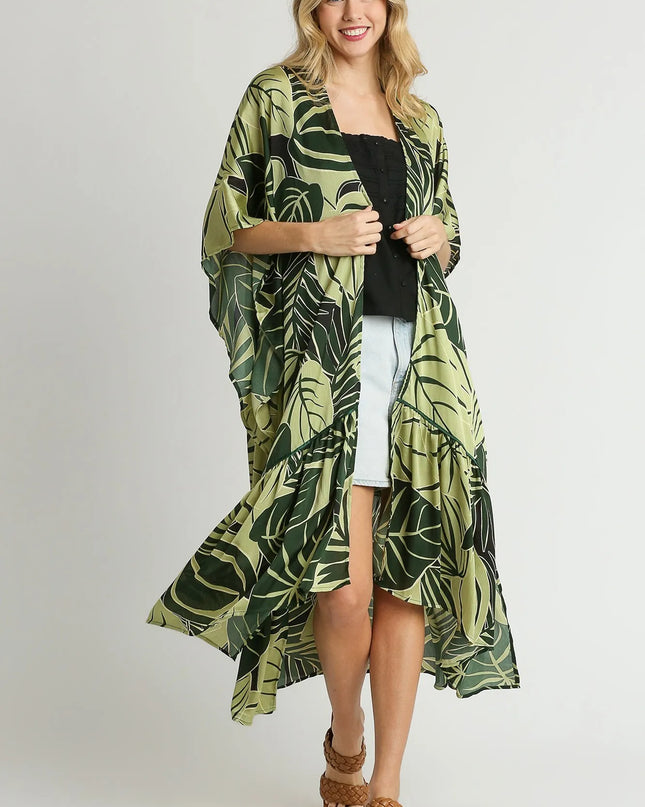 Umgee Satin Tropical Plant Print Open Front Kimono with Ruffle Details