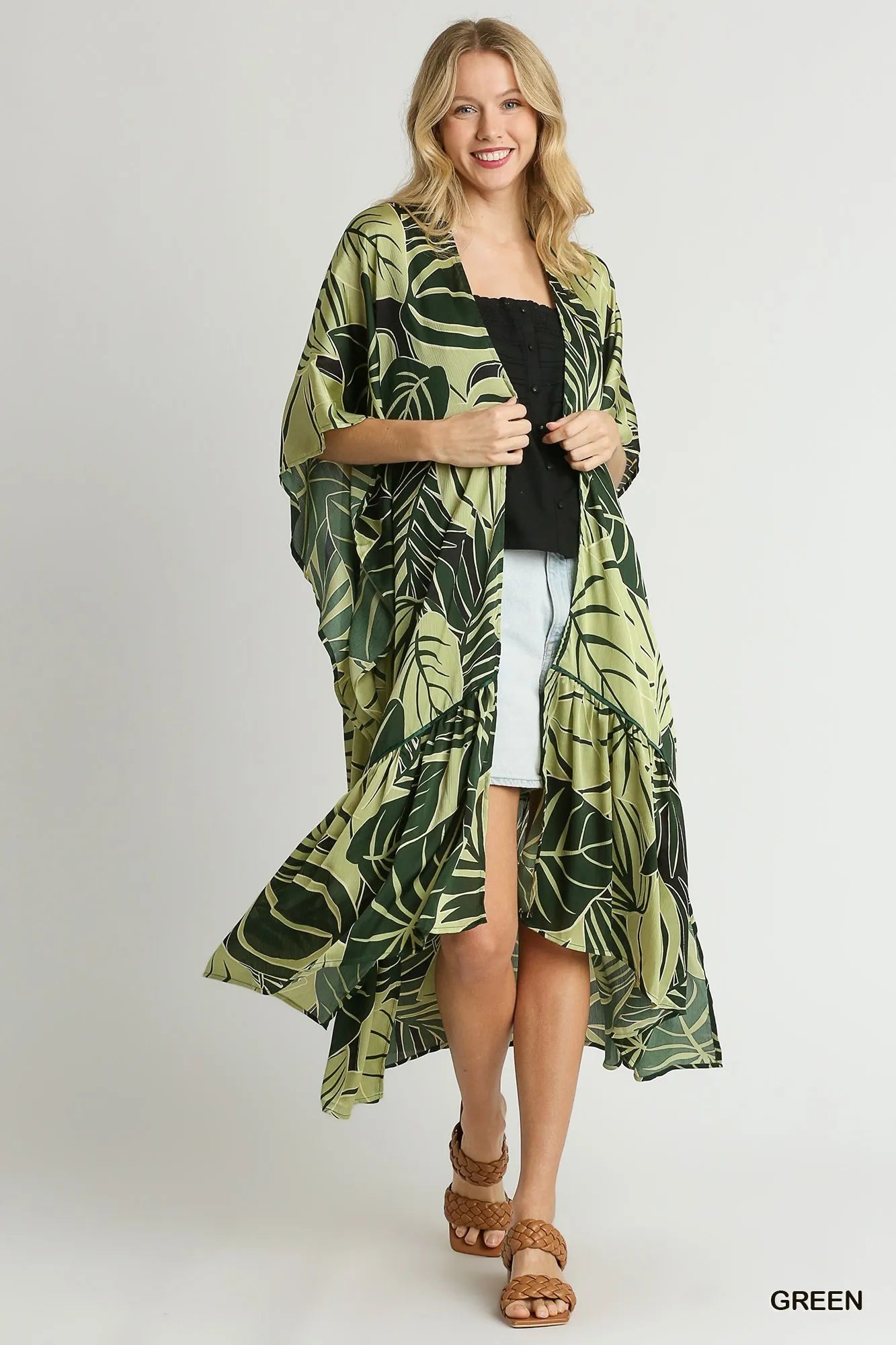 Umgee Satin Tropical Plant Print Open Front Kimono with Ruffle Details