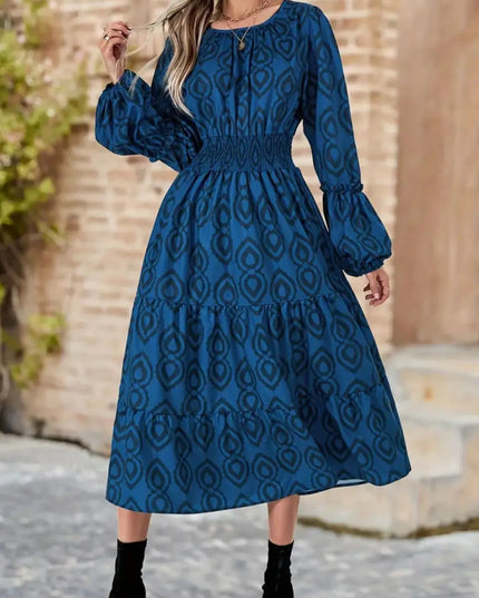 Printed Round Neck Balloon Sleeve Dress