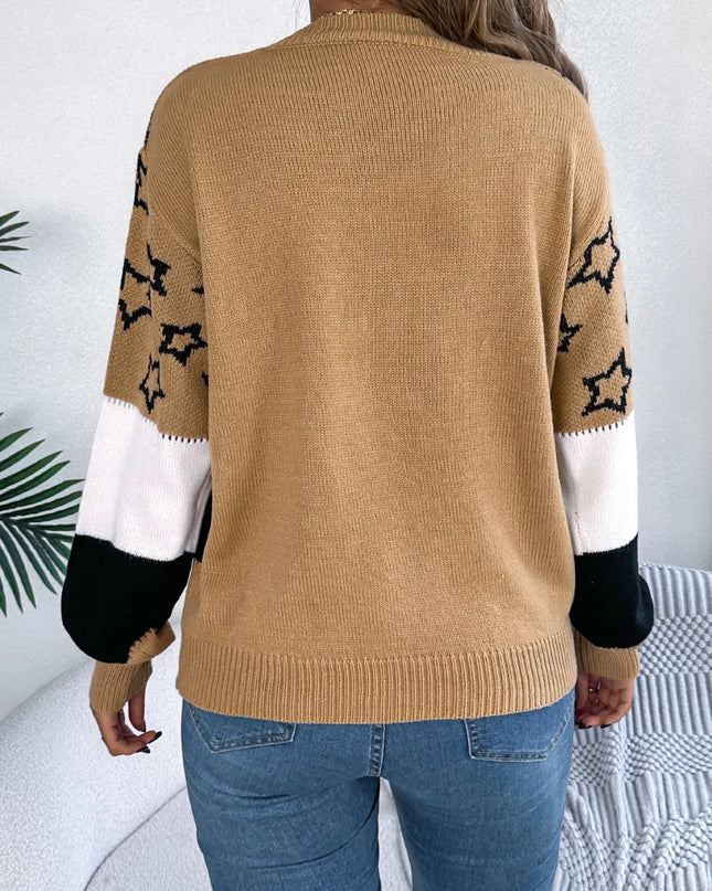 Star Contrast Round Neck Sweater
