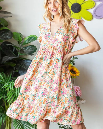 Heimish Full Size Floral Ruffled V-Neck Dress Sand