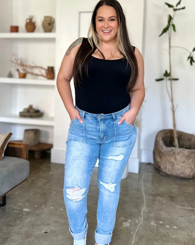 Judy Blue Full Size Distressed Straight Jeans with Patch Pockets