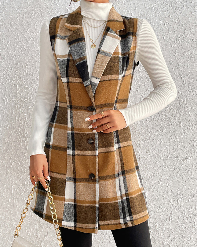 Honey Plaid Lapel Collar Vest
