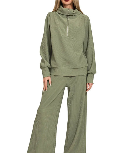Zenana Ribbed High Neck Half Zip Pullover & Pants Set LT OLIVE