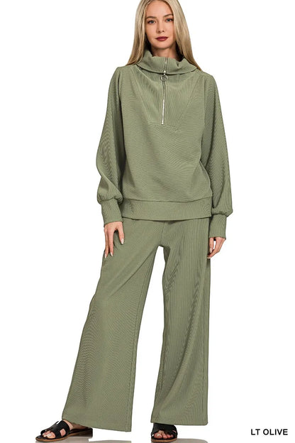 Zenana Ribbed High Neck Half Zip Pullover & Pants Set LT OLIVE