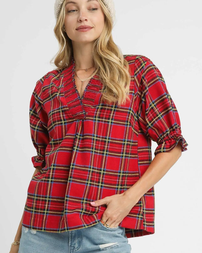 Umgee Plaid Smocked V-Neck Flannel Top Red