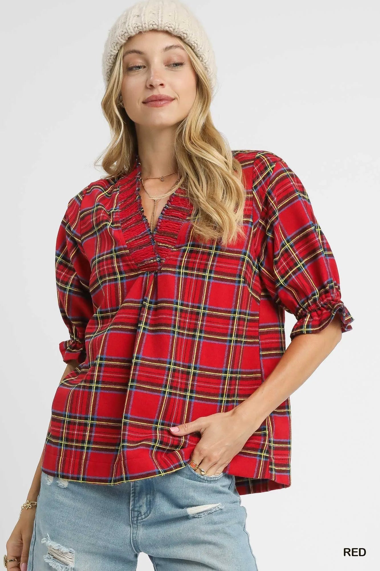 Umgee Plaid Smocked V-Neck Flannel Top Red