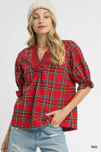 Umgee Plaid Smocked V-Neck Flannel Top Red