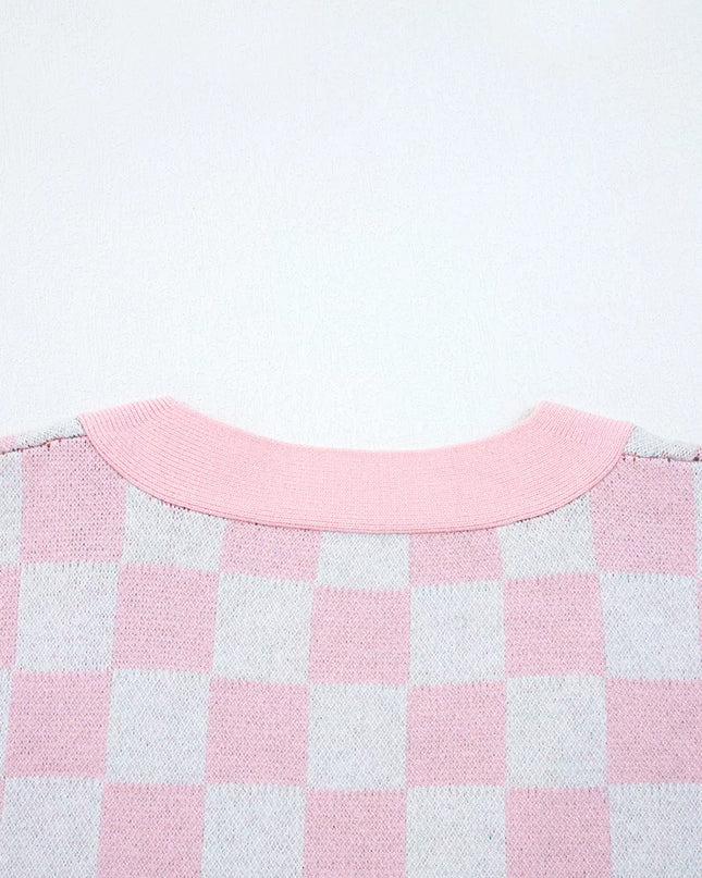 Christmas Tree Pattern Checkered Button V Neck Cardigan