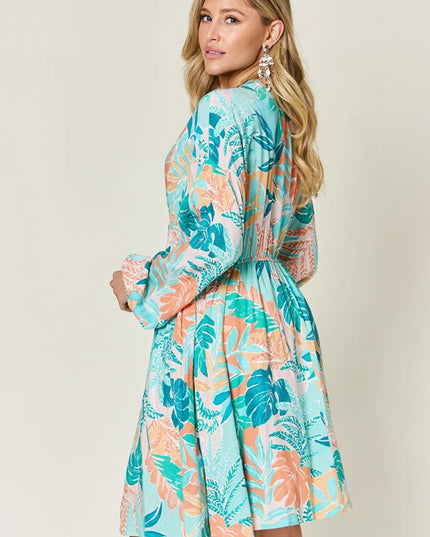 Double Take Full Size Printed V-Neck Drawstring Dress