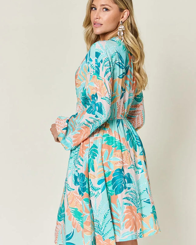 Double Take Full Size Printed V-Neck Drawstring Dress